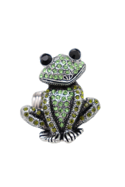 Brand New Women Silver Metal Ring Fashion Jewelry Elastic Band Green Color Frog One Size