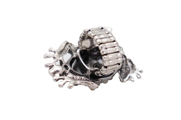 Women Silver Metal Frog Ring Fashion Jewelry Elastic Band One Size Fits All Bling Style