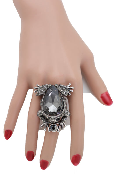 Women Silver Metal Frog Ring Fashion Jewelry Elastic Band One Size Fits All Bling Style