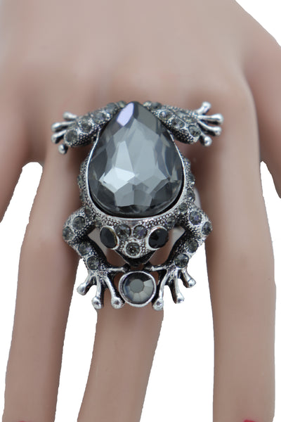 Women Silver Metal Frog Ring Fashion Jewelry Elastic Band One Size Fits All Bling Style