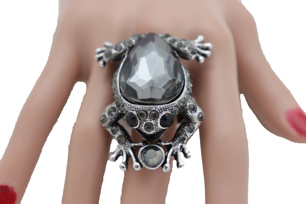 Women Silver Metal Frog Ring Fashion Jewelry Elastic Band One Size Fits All Bling Style