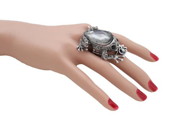 Women Silver Metal Frog Ring Fashion Jewelry Elastic Band One Size Fits All Bling Style