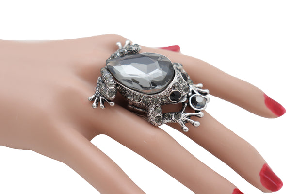Women Silver Metal Frog Ring Fashion Jewelry Elastic Band One Size Fits All Bling Style