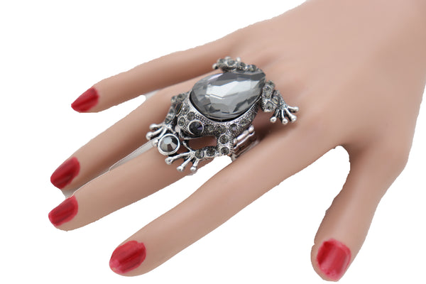 Women Silver Metal Frog Ring Fashion Jewelry Elastic Band One Size Fits All Bling Style