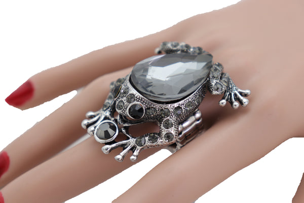 Women Silver Metal Frog Ring Fashion Jewelry Elastic Band One Size Fits All Bling Style