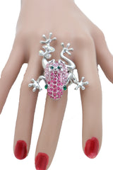 Pink Rhinestone Jeweled Frog Silver Band Ring