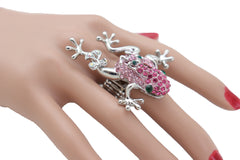 Silver Metal Fashion Ring Pink Frog Elastic Band Animal Fancy Sexy Jewelry