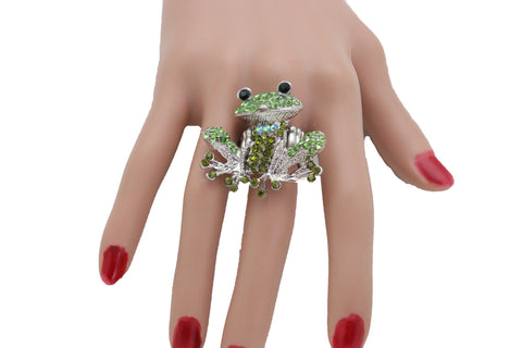 Brand New Women Silver Metal Ring Fashion Jewelry Elastic Band Green Color Frog One Size