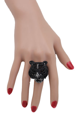 Brand New Women Black Metal Fashion Ring Metal Elastic Band Western Jewelry Tiger Head