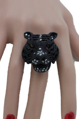 Women Black Metal Fashion Ring Metal Elastic Band Western Jewelry Tiger Head One Size Fits All