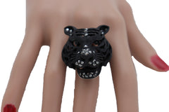 Women Black Metal Fashion Ring Metal Elastic Band Western Jewelry Tiger Head One Size Fits All