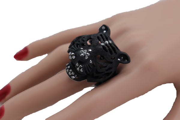 Brand New Women Black Metal Fashion Ring Metal Elastic Band Western Jewelry Tiger Head
