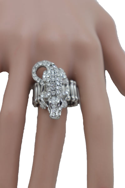 Women Silver Metal Fashion Ring Crocodile Safari Alligator Jewelry Elastic Band One Size Fits All
