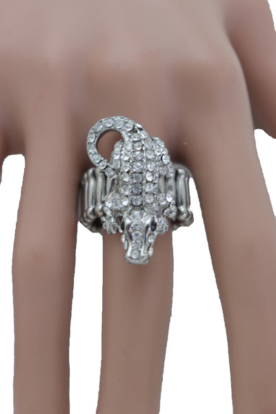 Women Silver Metal Fashion Ring Crocodile Safari Alligator Jewelry Elastic Band One Size Fits All