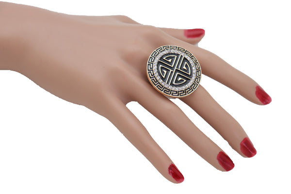 Brand New Women Gold Metal Round Ring Fashion Elastic Band Designer Inspired Jewelry Bling