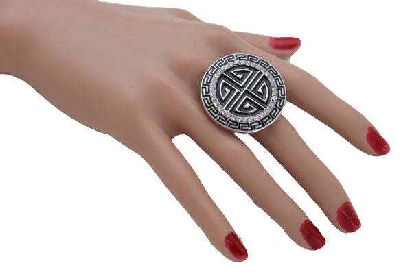 Brand New Women Silver Metal Round Ring Fashion Elastic Band Designer Greek Style Jewelry