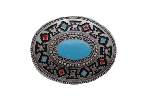 Brand New Men Women Belt Buckle Silver Metal Cowboy Western Fashion Turquoise Blue Native