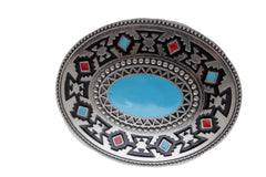 Men Women Belt Buckle Silver Metal Cowboy Western Fashion Turquoise Blue Native
