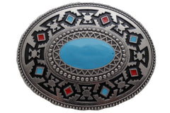 Men Women Belt Buckle Silver Metal Cowboy Western Fashion Turquoise Blue Native