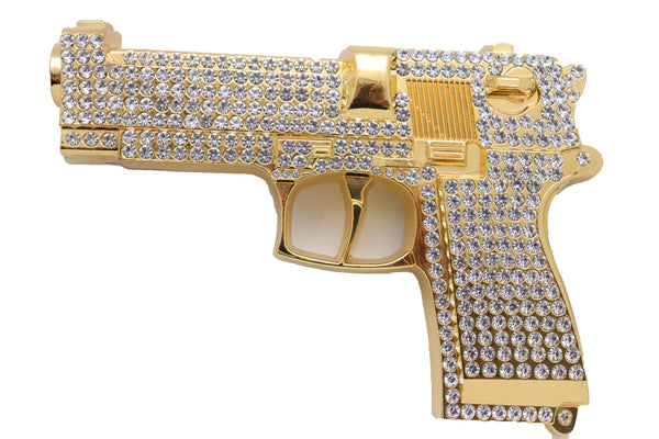 Brand New Men Gold Metal Belt Buckle Western Fashion Silver Rhinestones Handgun Pistol Gun