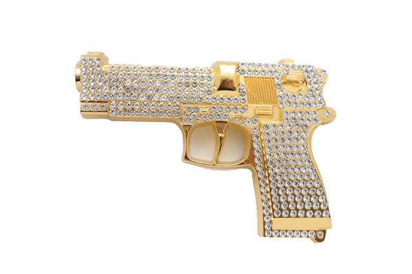 Brand New Men Gold Metal Belt Buckle Western Fashion Silver Rhinestones Handgun Pistol Gun