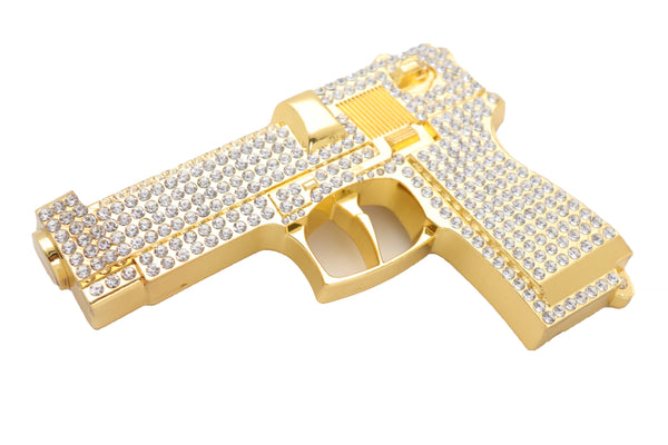 Brand New Men Gold Metal Belt Buckle Western Fashion Silver Rhinestones Handgun Pistol Gun