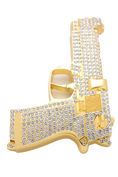 Brand New Men Gold Metal Belt Buckle Western Fashion Silver Rhinestones Handgun Pistol Gun