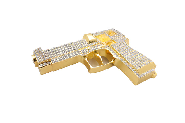 Brand New Men Gold Metal Belt Buckle Western Fashion Silver Rhinestones Handgun Pistol Gun