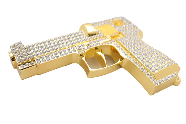 Brand New Men Gold Metal Belt Buckle Western Fashion Silver Rhinestones Handgun Pistol Gun