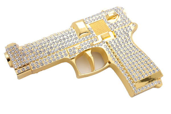Brand New Men Gold Metal Belt Buckle Western Fashion Silver Rhinestones Handgun Pistol Gun