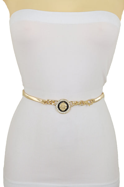 Women Gold Metal Chain Stretch Waistband Belt Hip High Waist Lion Charm Adjustable Strap Size M L
