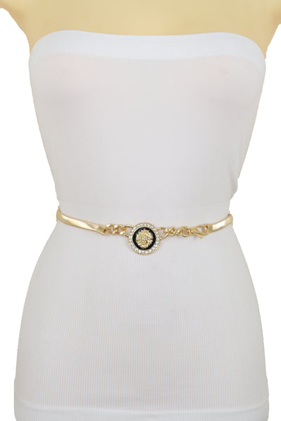 Women Gold Metal Chain Stretch Waistband Belt Hip High Waist Lion Charm Adjustable Strap Size M L