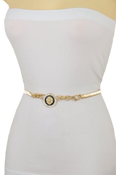 Women Gold Metal Chain Stretch Waistband Belt Hip High Waist Lion Charm Adjustable Strap Size M L