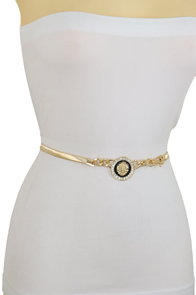 Women Gold Metal Chain Stretch Waistband Belt Hip High Waist Lion Charm Adjustable Strap Size M L
