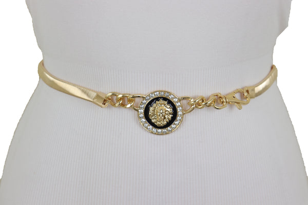 Women Gold Metal Chain Stretch Waistband Belt Hip High Waist Lion Charm Adjustable Strap Size M L