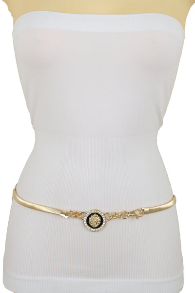 Women Gold Metal Chain Stretch Waistband Belt Hip High Waist Lion Charm Adjustable Strap Size M L