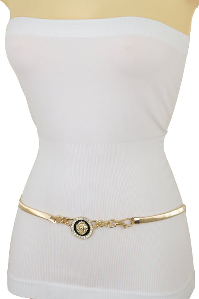 Women Gold Metal Chain Stretch Waistband Belt Hip High Waist Lion Charm Adjustable Strap Size M L
