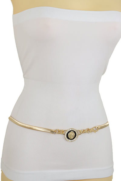 Women Gold Metal Chain Stretch Waistband Belt Hip High Waist Lion Charm Adjustable Strap Size M L