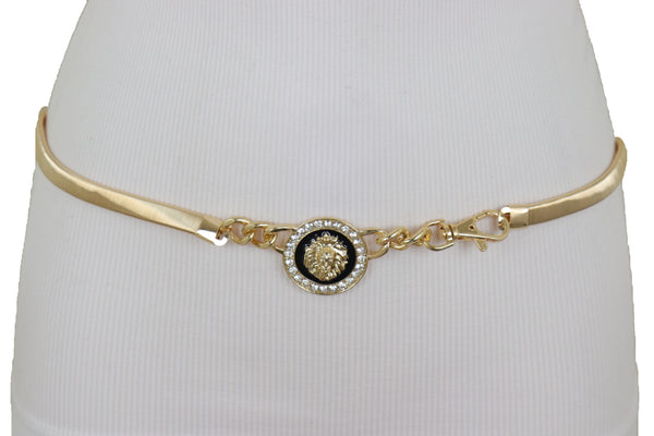 Women Gold Metal Chain Stretch Waistband Belt Hip High Waist Lion Charm Adjustable Strap Size M L