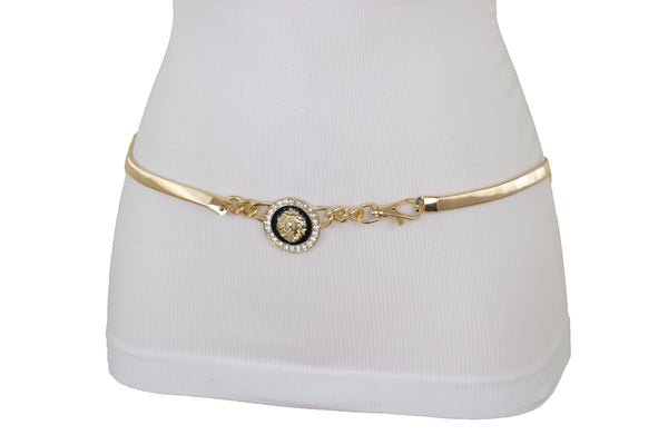 Women Gold Metal Chain Stretch Waistband Belt Hip High Waist Lion Charm Adjustable Strap Size M L