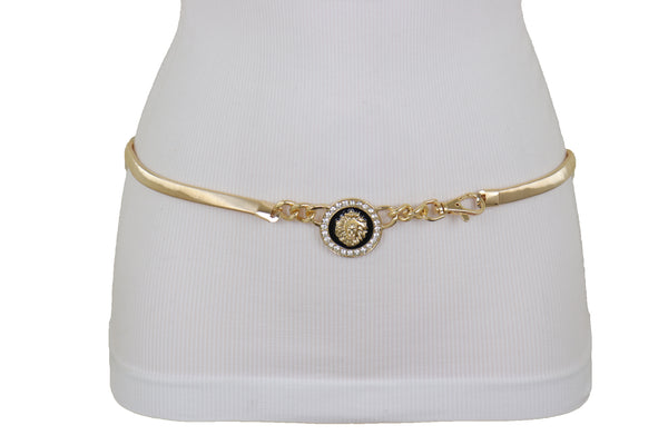 Women Gold Metal Chain Stretch Waistband Belt Hip High Waist Lion Charm Adjustable Strap Size M L