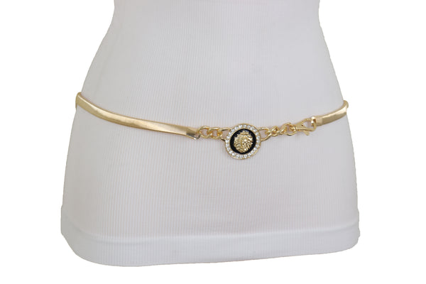 Women Gold Metal Chain Stretch Waistband Belt Hip High Waist Lion Charm Adjustable Strap Size M L