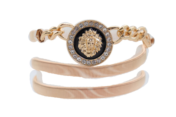 Women Gold Metal Chain Stretch Waistband Belt Hip High Waist Lion Charm Adjustable Strap Size M L