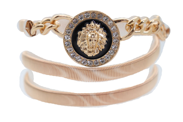 Women Gold Metal Chain Stretch Waistband Belt Hip High Waist Lion Charm Adjustable Strap Size M L