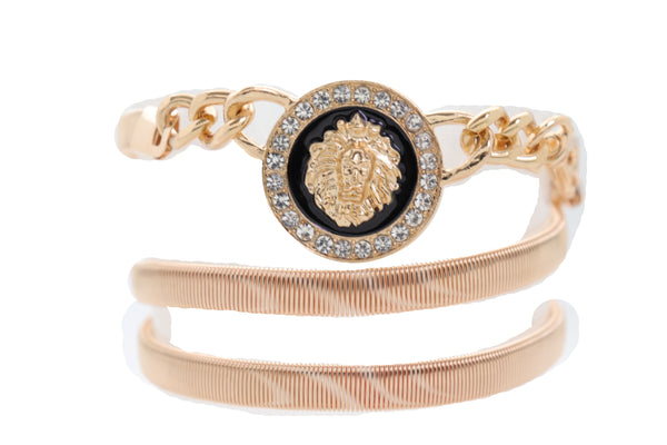 Women Gold Metal Chain Stretch Waistband Belt Hip High Waist Lion Charm Adjustable Strap Size M L