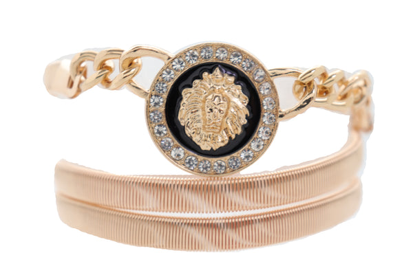 Women Gold Metal Chain Stretch Waistband Belt Hip High Waist Lion Charm Adjustable Strap Size M L