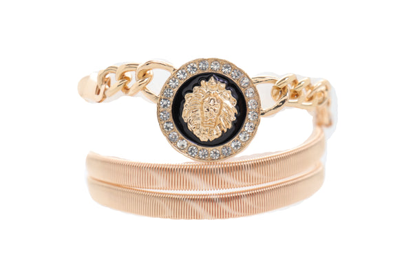 Women Gold Metal Chain Stretch Waistband Belt Hip High Waist Lion Charm Adjustable Strap Size M L