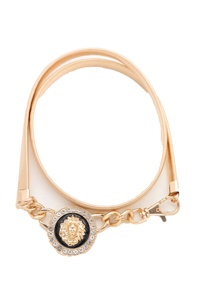 Women Gold Metal Chain Stretch Waistband Belt Hip High Waist Lion Charm Adjustable Strap Size M L