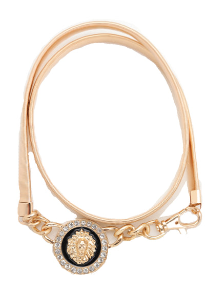 Women Gold Metal Chain Stretch Waistband Belt Hip High Waist Lion Charm Adjustable Strap Size M L