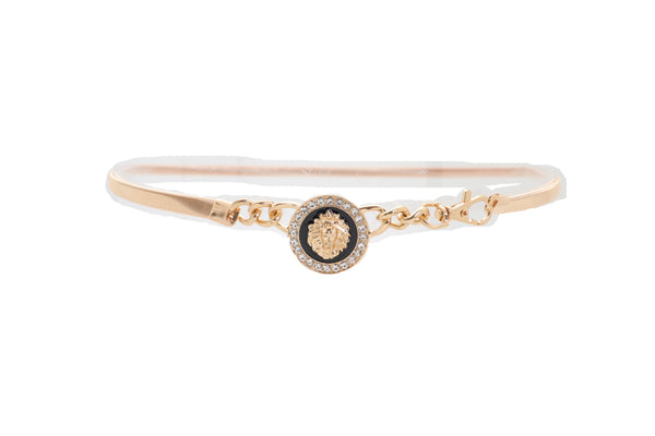 Women Gold Metal Chain Stretch Waistband Belt Hip High Waist Lion Charm Adjustable Strap Size M L